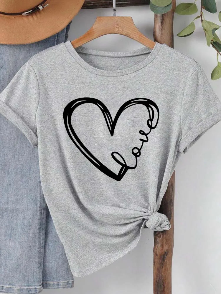 Love Heart Printed Trend Women Fashion Clothing Graphic T-shirts Clothes Print Female Shirt Short Sleeve Lady Casual Tee