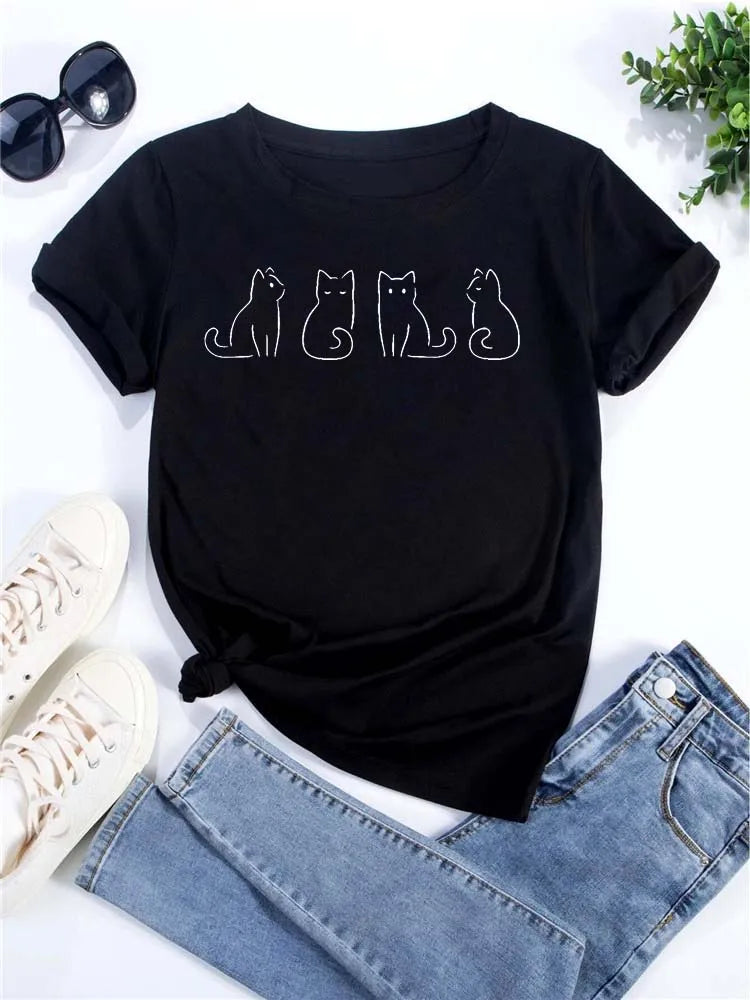 Women Kawaii Cats Print Summer Cute Women Tshirt Funny Cartoon T Shirt Female Ullzang T-shirt 90s Fashion Korean Style Top Tee