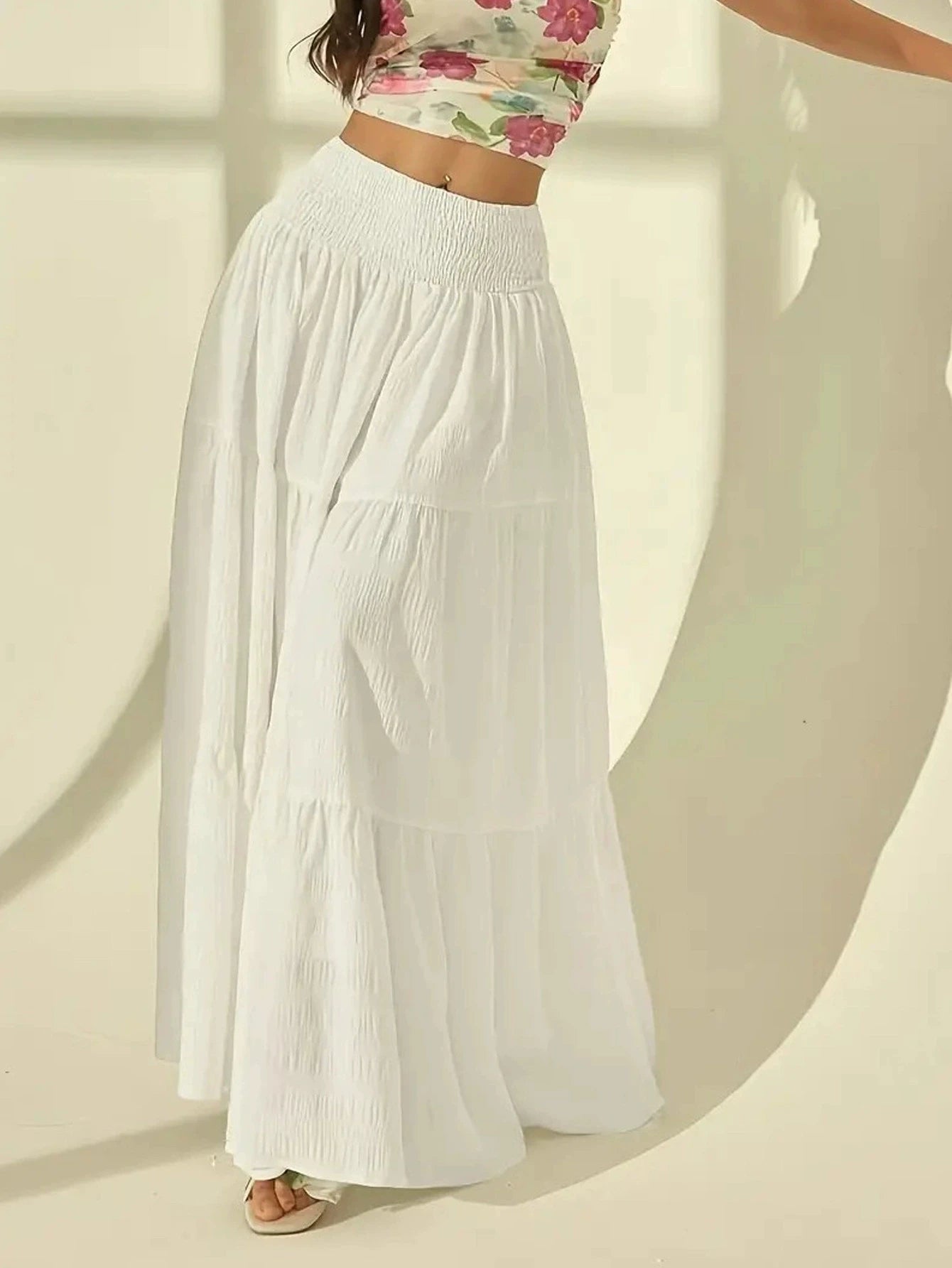 Women  Fashion Tiered Maxi Skirt Elastic Waist Casual Solid Color A-line Faldas Mujer Holiday Streetwear Long Jupes