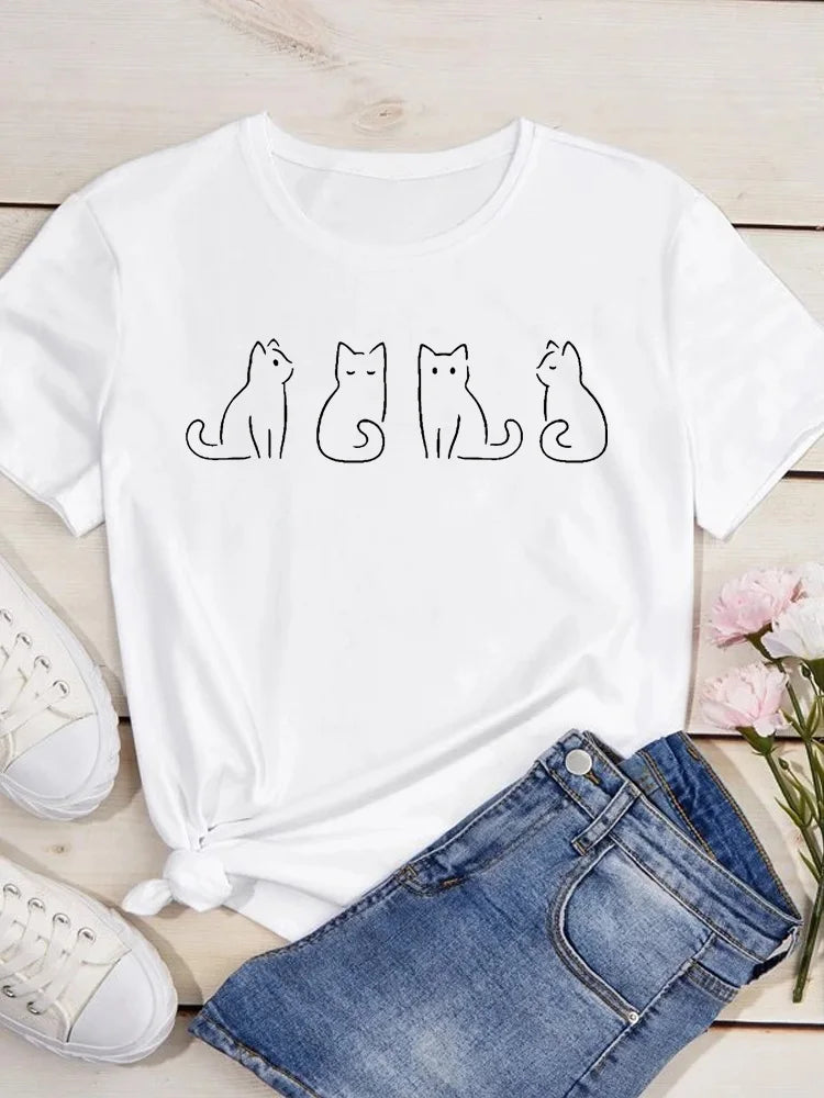 Women Kawaii Cats Print Summer Cute Women Tshirt Funny Cartoon T Shirt Female Ullzang T-shirt 90s Fashion Korean Style Top Tee