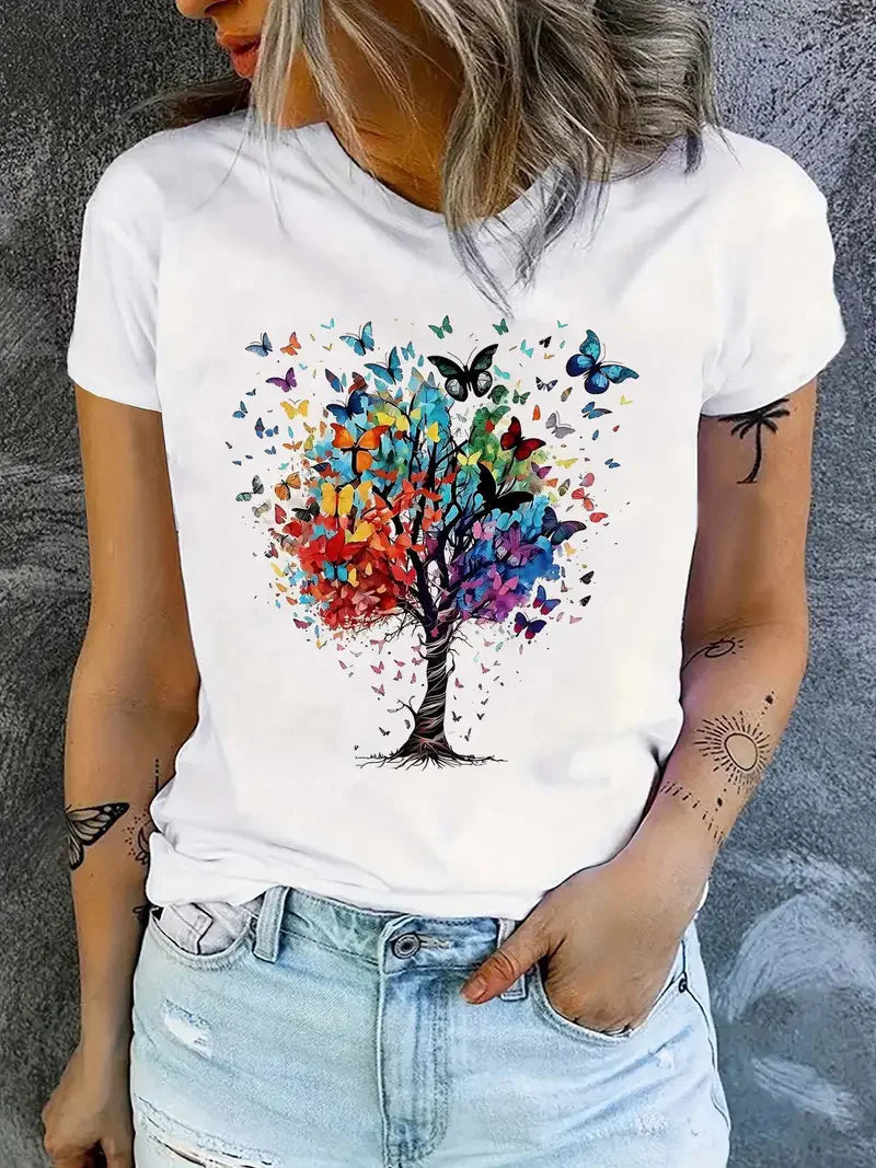 O-neck Butterfly Print Women's Crew Neck T-Shirt  Casual Short Sleeve Letter Print Spring Summer Top Tee T Shirt