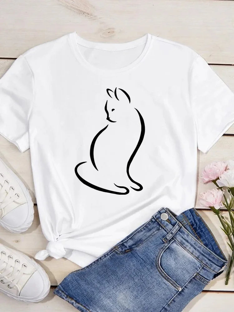 Women Kawaii Cats Print Summer Cute Women Tshirt Funny Cartoon T Shirt Female Ullzang T-shirt 90s Fashion Korean Style Top Tee