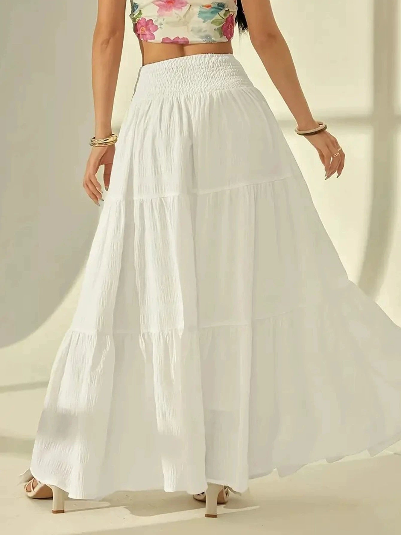 Women  Fashion Tiered Maxi Skirt Elastic Waist Casual Solid Color A-line Faldas Mujer Holiday Streetwear Long Jupes