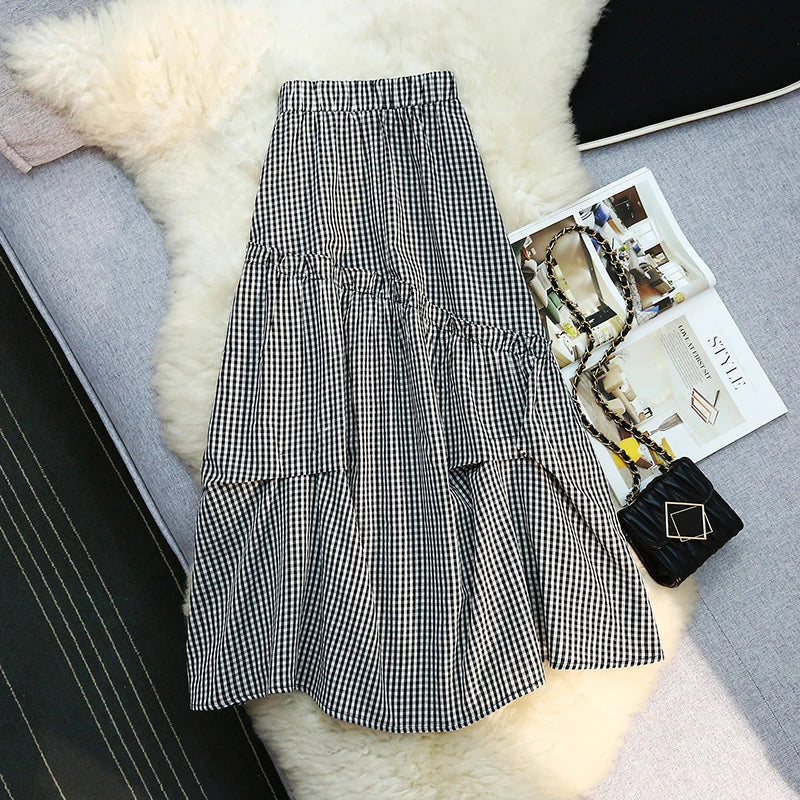 Seoulish High Waist Irregular Vintage Plaid Women's Umbrella Skirts 2026 New Spring Summer Korean Loose A-line Skirts Female