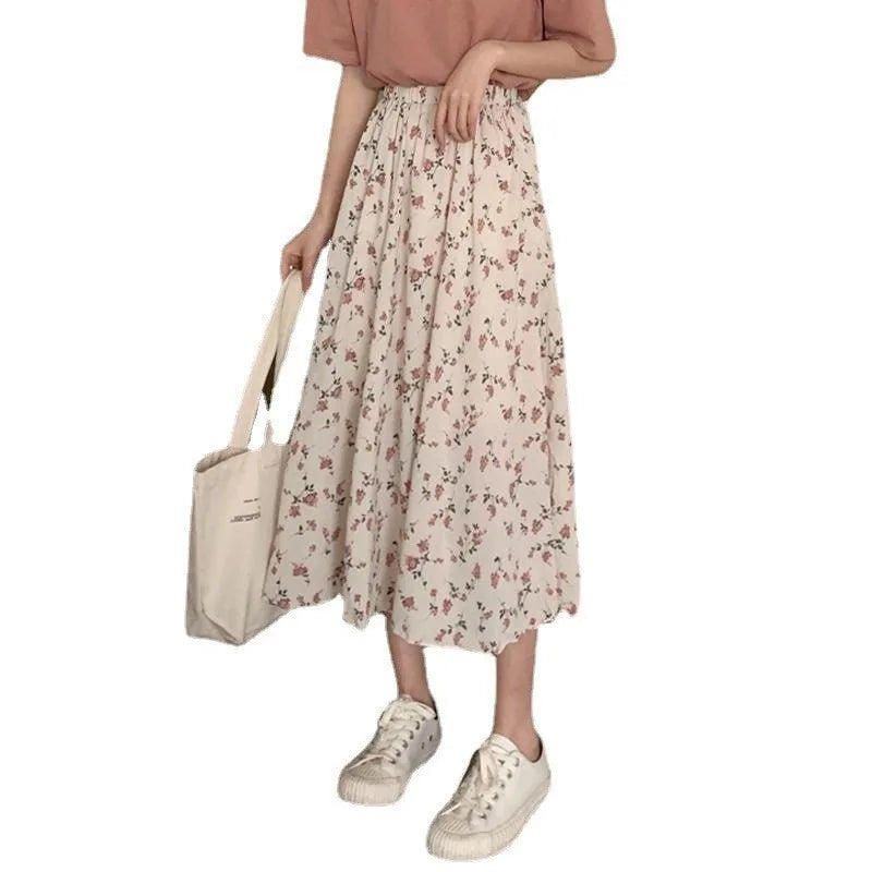 Vintage Floral Print A-line Pleated Long Skirts Summer Women Korean Skirt Streetwear Drawstring Elastic Waist Midi Skirt