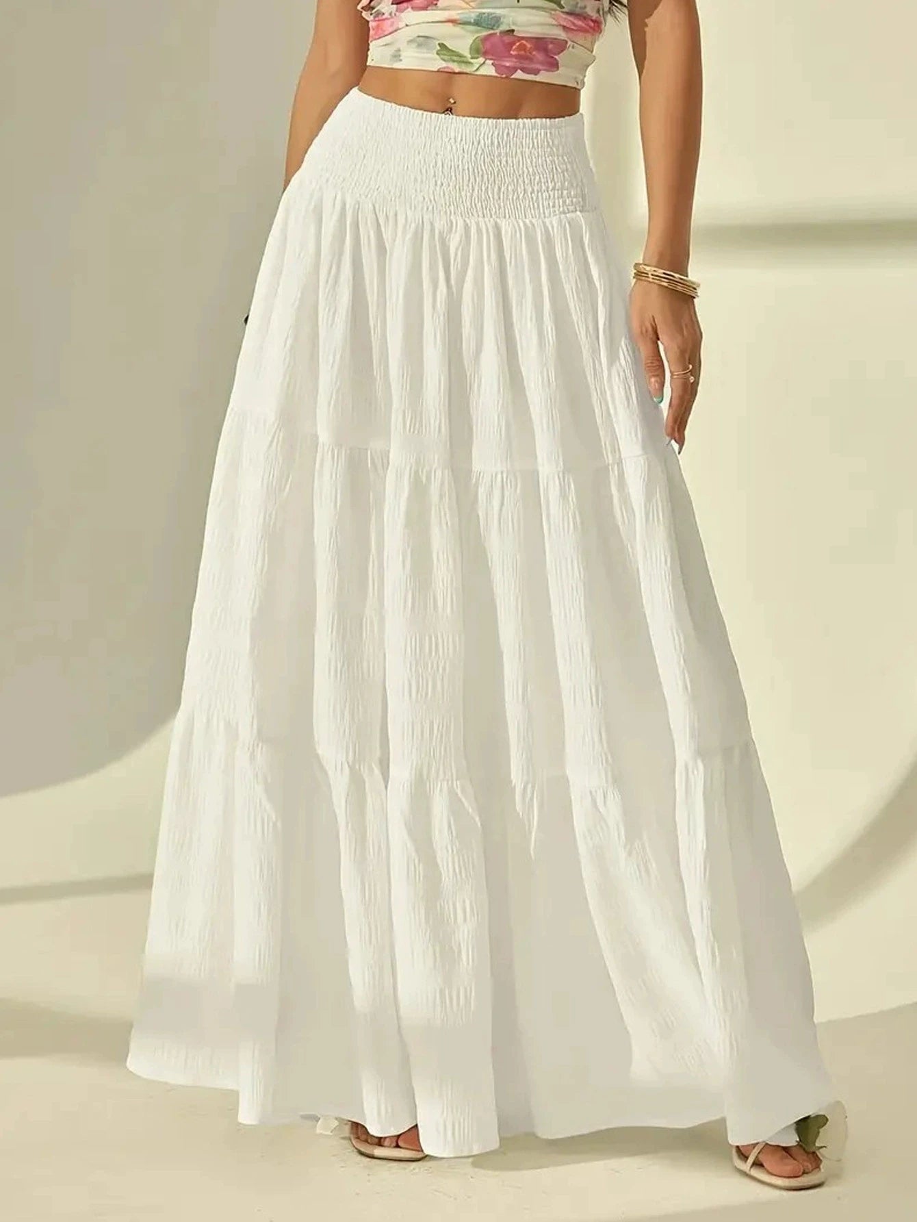Women  Fashion Tiered Maxi Skirt Elastic Waist Casual Solid Color A-line Faldas Mujer Holiday Streetwear Long Jupes