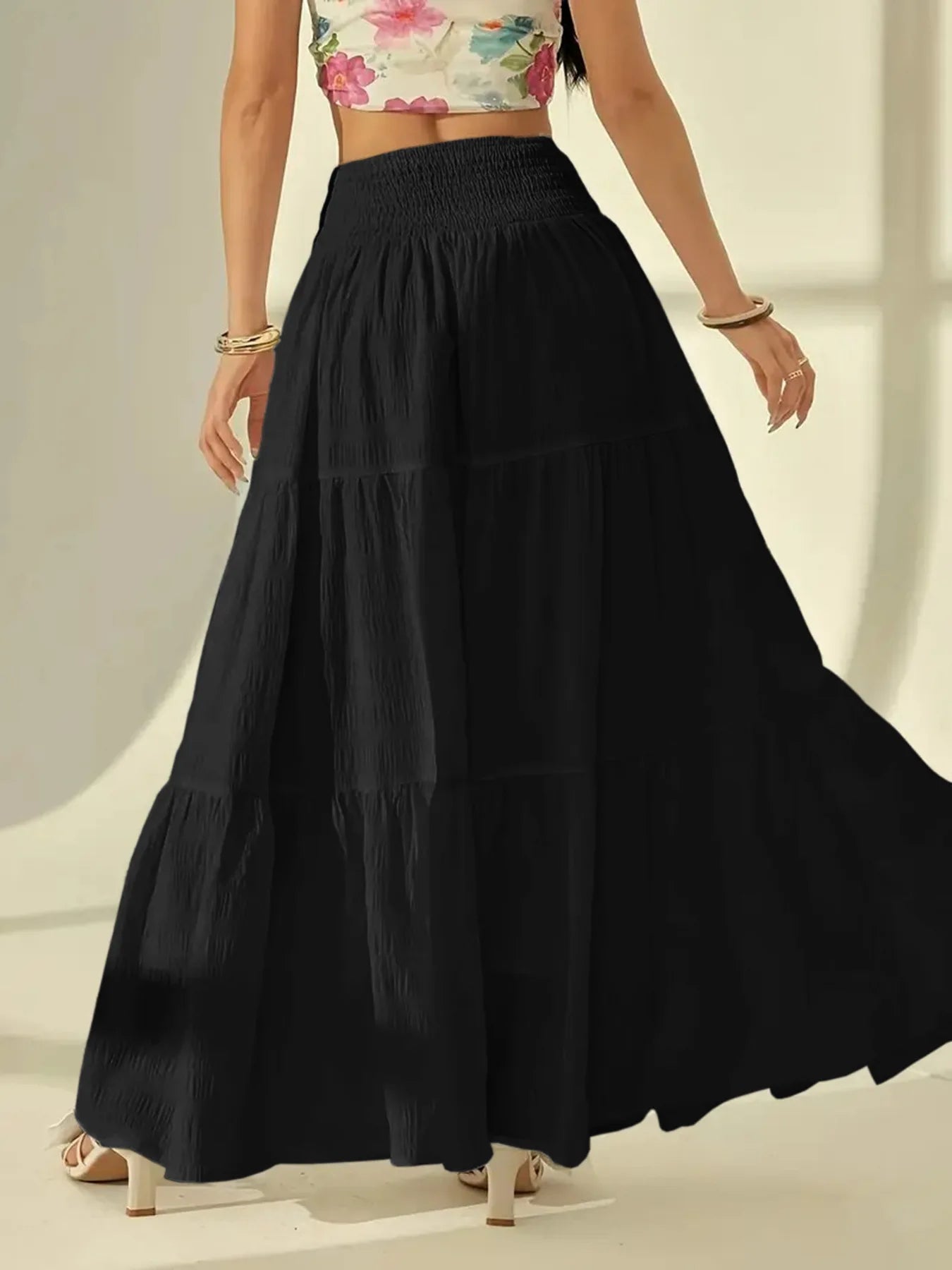 Women  Fashion Tiered Maxi Skirt Elastic Waist Casual Solid Color A-line Faldas Mujer Holiday Streetwear Long Jupes