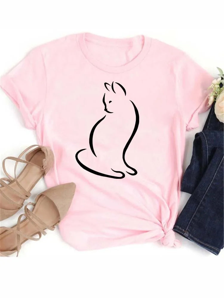 Women Kawaii Cats Print Summer Cute Women Tshirt Funny Cartoon T Shirt Female Ullzang T-shirt 90s Fashion Korean Style Top Tee