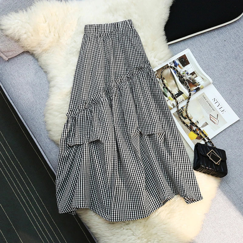 Seoulish High Waist Irregular Vintage Plaid Women's Umbrella Skirts 2026 New Spring Summer Korean Loose A-line Skirts Female