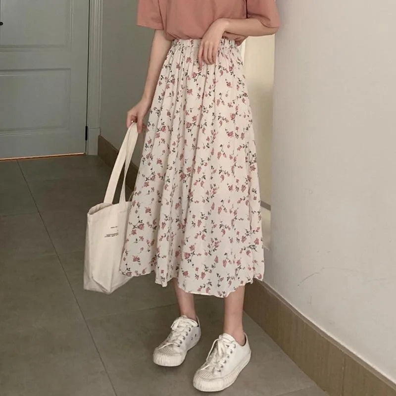 Vintage Floral Print A-line Pleated Long Skirts Summer Women Korean Skirt Streetwear Drawstring Elastic Waist Midi Skirt