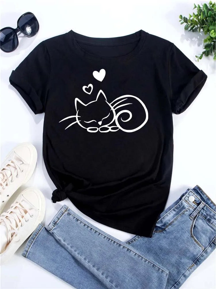 Women Kawaii Cats Print Summer Cute Women Tshirt Funny Cartoon T Shirt Female Ullzang T-shirt 90s Fashion Korean Style Top Tee
