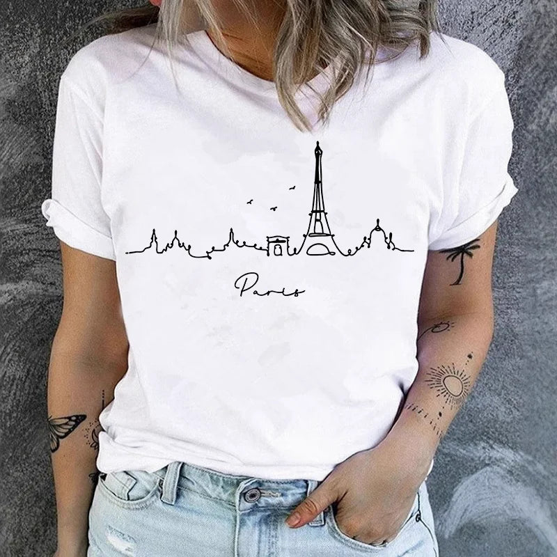 Vintage Elegant O-neck Short Sleeved T-shirt Paris Tower Best-selling hot women's short-sleeved undershirt Summer Modal fabric