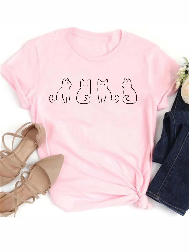 Women Kawaii Cats Print Summer Cute Women Tshirt Funny Cartoon T Shirt Female Ullzang T-shirt 90s Fashion Korean Style Top Tee