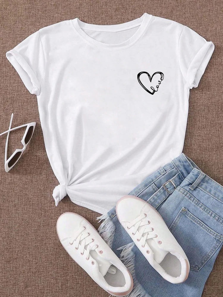 Love Heart Printed Trend Women Fashion Clothing Graphic T-shirts Clothes Print Female Shirt Short Sleeve Lady Casual Tee