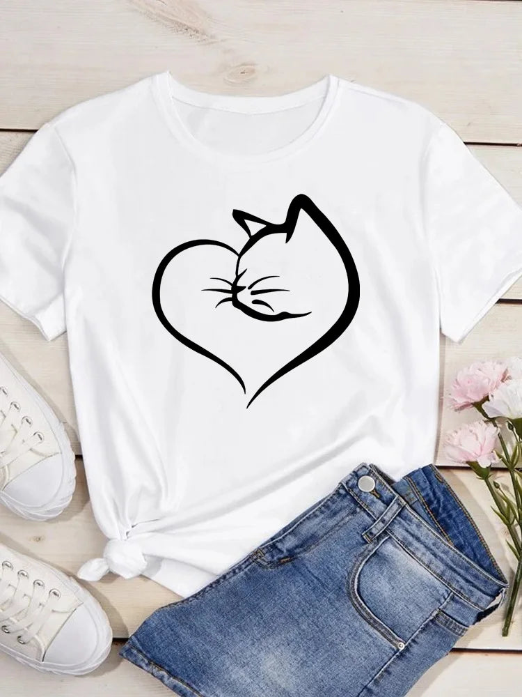 Women Kawaii Cats Print Summer Cute Women Tshirt Funny Cartoon T Shirt Female Ullzang T-shirt 90s Fashion Korean Style Top Tee